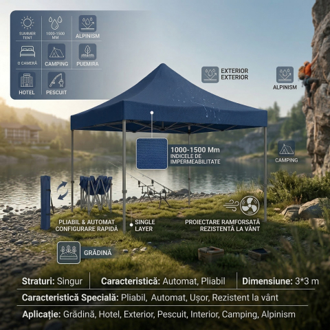 Cort pavilion pliabil 3x3 m, cadru metal ranforsat, acoperis polyester Oxford 420D, albastru [1]