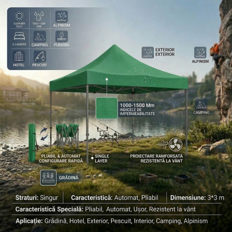 Cort pavilion pliabil 3x3 m, cadru metal ranforsat, acoperis polyester Oxford 420D, verde [2]
