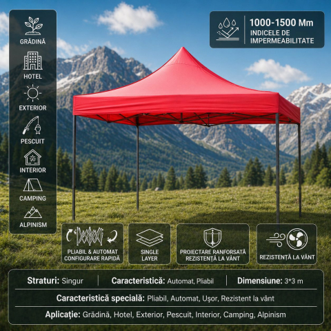 Cort pavilion pliabil 3x3m, cadru metal ranforsat, acoperis poliester oxford 185 g/m2, rosu [1]