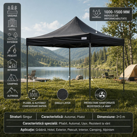 Cort pavilion pliabil 3x3m, cadru metal ranforsat, acoperis poliester Oxford 420D [1]
