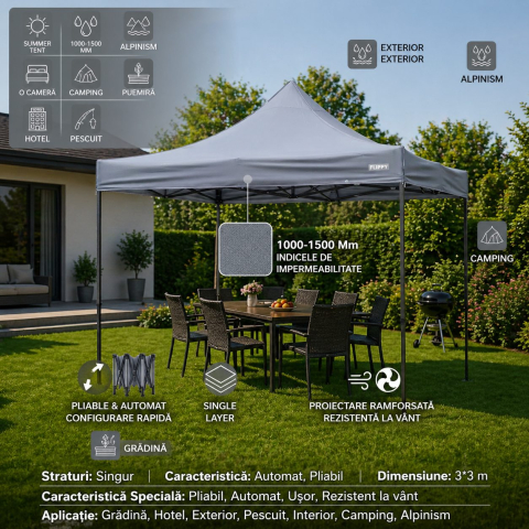 Cort pavilion pliabil 3x3m, cadru metal ranforsat, acoperis poliester oxford 420D, gri [1]