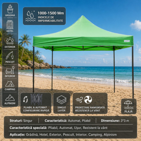 Cort pavilion pliabil 3x3m, cadru metal ranforsat, acoperis poliester Oxford 420D, verde deschis [1]