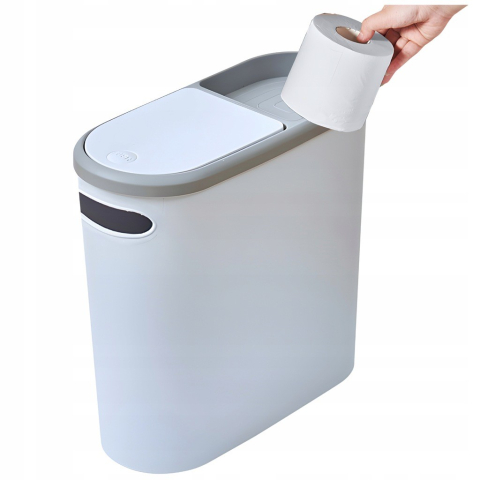 Cos de gunoi cu capac automat, maner si compartiment depozitare, plastic 10L, alb gri