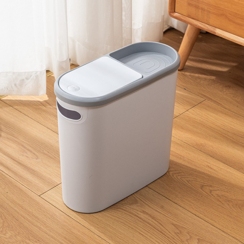 Cos de gunoi cu capac automat, maner si compartiment depozitare, plastic 10L, alb gri [5]