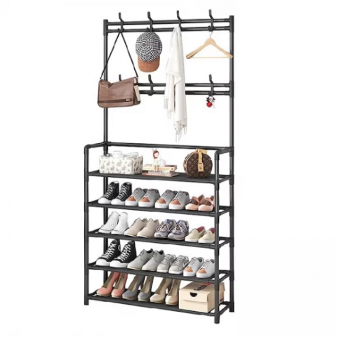 Organizarea casei - Raft Multifunctional cu 5 Polițe și 8 Cârlige – Organizare Hol sau Dormitor