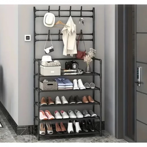 Raft Multifunctional cu 5 Polițe și 8 Cârlige – Organizare Hol sau Dormitor [1]