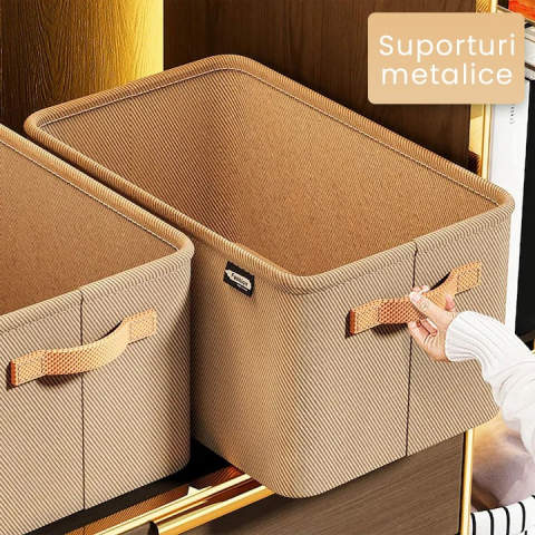 Cutie depozitare pentru haine, textil cu cadru metalic, manere laterale, 48x28x25 cm, kaki [3]