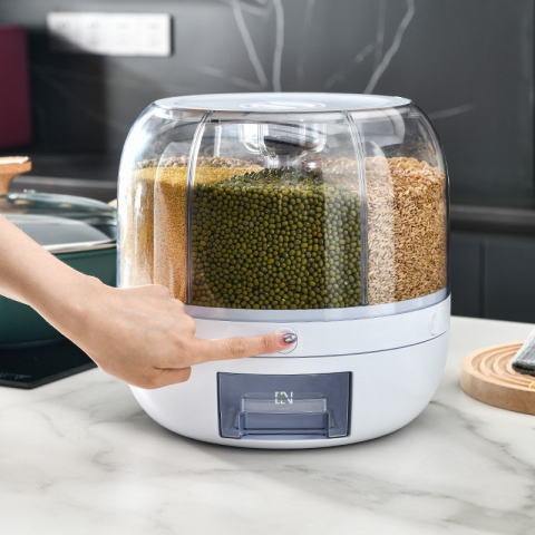 Dozator cereale rotativ 360 grade, 6 compartimente, capacitate 3 L, plastic alb [3]