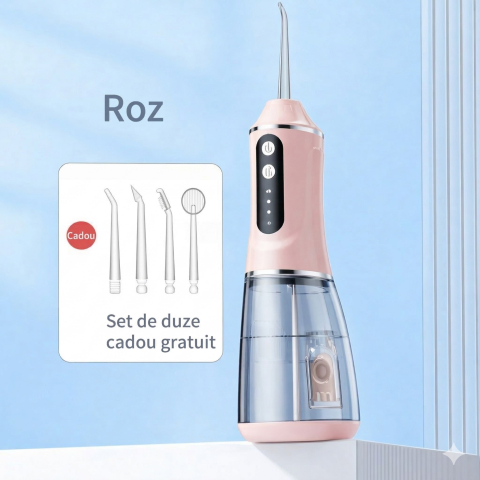 Irigator bucal electric portabil, 3 trepte intensitate, 4 capete, rezervor integrat, roz [3]