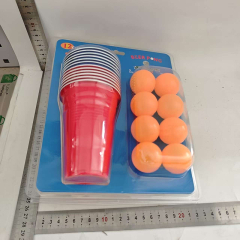 Joc de baut Beer Pong, set clasic, 12 mingi tenis si 12 pahare reutilizabile, plastic colorat [9]
