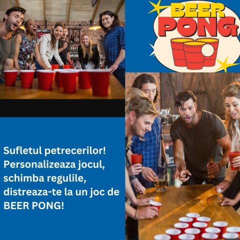 Joc de baut beer pong, set clasic, 24 pahare rosii, bile reutilizabile [1]