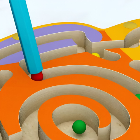 Joc Montessori cu bile, model Bufnita, labirint din lemn, portocaliu-mov, 18.5x17.5 cm [7]