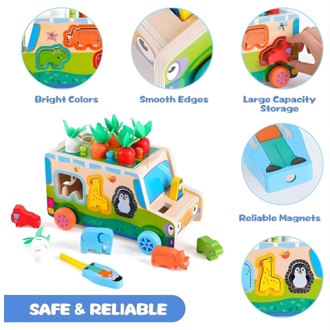 Jucarie educativa din lemn, masinuta multifunctionala 6 in 1, sortator forme, multicolor [4]