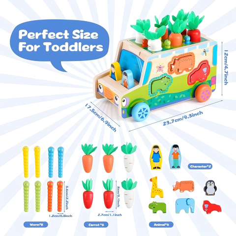 Jucarie educativa din lemn, masinuta multifunctionala 6 in 1, sortator forme, multicolor [2]