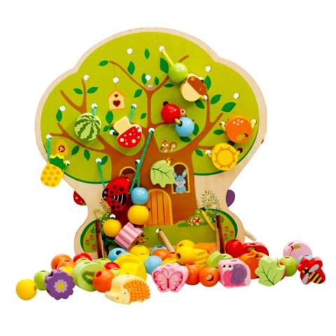 Jucarie educativa Montessori 2 in 1, model Pomul cu Fructe, 102 piese, lemn multicolor [3]