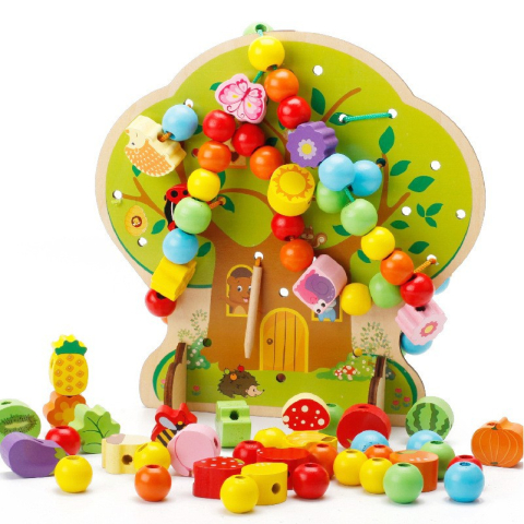 Jucarii Montessori - Jucarie educativa Montessori 2 in 1, model Pomul cu Fructe, 102 piese, lemn multicolor