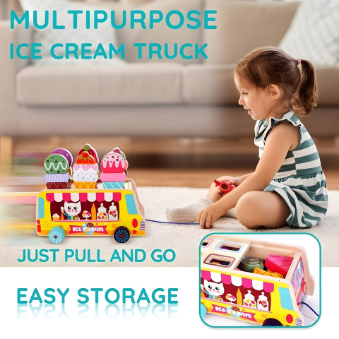 Jucarie educativa Montessori, model camion de inghetata, sortator forme, multicolor [5]