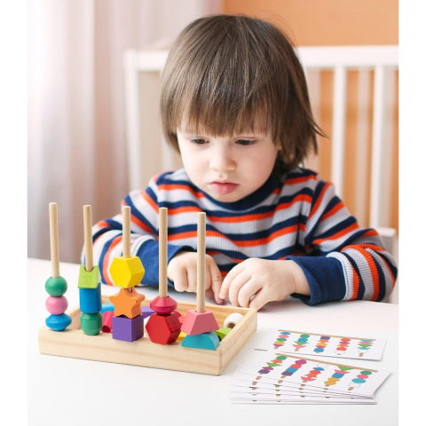Jucarie Montessori de sortat, 25 piese geometrice, 16 modele, lemn colorat [6]
