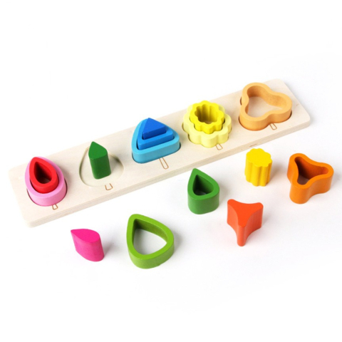 Jucarie Montessori din lemn, puzzle cu 5 forme asimetrice, 15 piese, multicolor [2]