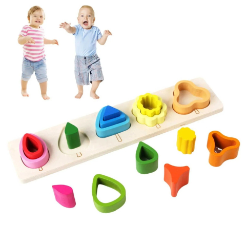 Jucarie Montessori din lemn, puzzle cu 5 forme asimetrice, 15 piese, multicolor [7]