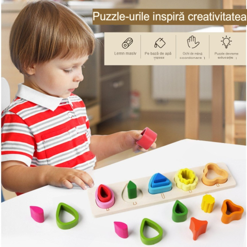Jucarie Montessori din lemn, puzzle cu 5 forme asimetrice, 15 piese, multicolor [5]