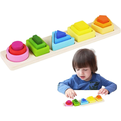 Jucarie Montessori din lemn, tip puzzle cu 5 forme asimetrice, 15 piese colorate [6]