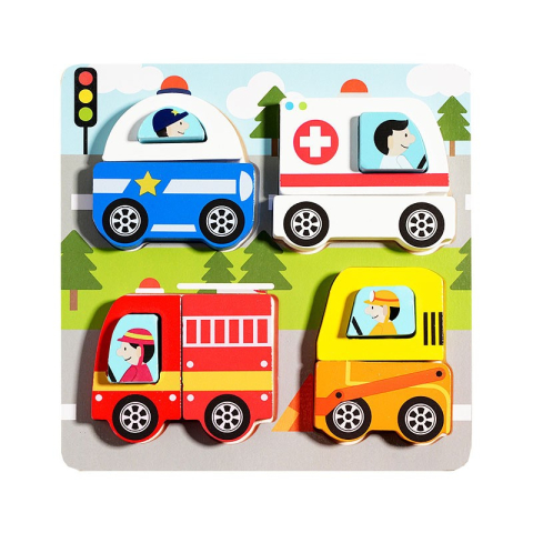Jucarii Montessori - Jucarie Montessori puzzle 3D din lemn, model masini, 18x18x1.5 cm, multicolor