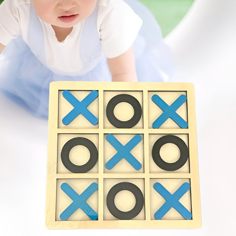 Jucarie Montessori Tic Tac Toe, puzzle educativ din lemn, 9 piese, 14.3x14.3 cm, albastru si negru [2]