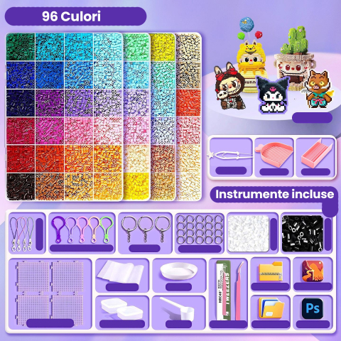 Kit margele perle, set DIY 3D, 8000 piese, 96 culori, cutie organizatoare [1]