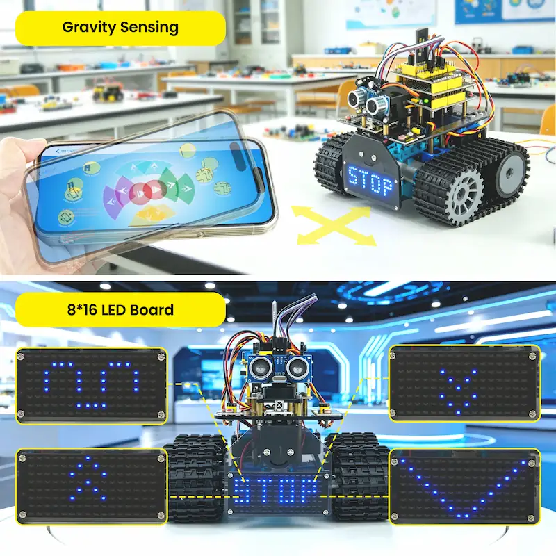 Kit Robot Tank pe Senile STEM Keyestudio KS0605 V2.1, Arduino, 15 Proiecte, Bluetooth, IR, Ultrasonic, Evitare Obstacole, Panou LED 8x16 [3]