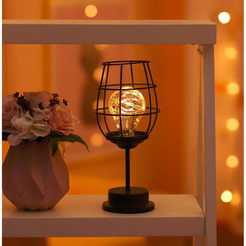 Lampa decorativa cu leduri, model pahar de vin, lumina alb cald, suport negru [2]