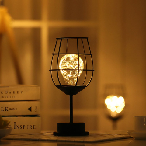 Lampa decorativa cu leduri, model pahar de vin, lumina alb cald, suport negru [6]