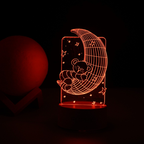 Lampa LED decorativa 3D, ursulet si semiluna, cu telecomanda, alimentare USB si baterii, 20 cm, acril alb [4]