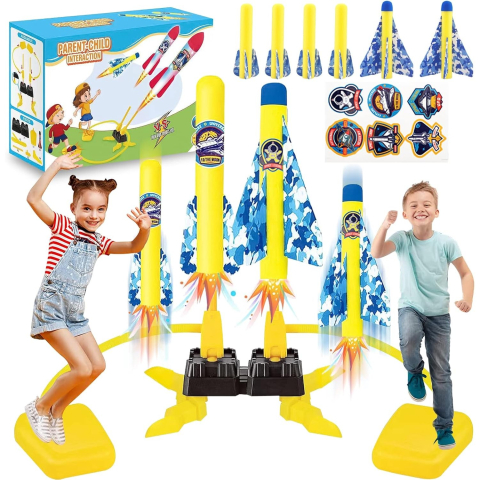 Lansator de rachete cu piciorul, doua lansatoare, 6 rachete fara lumini, 45x18 cm, galben [6]