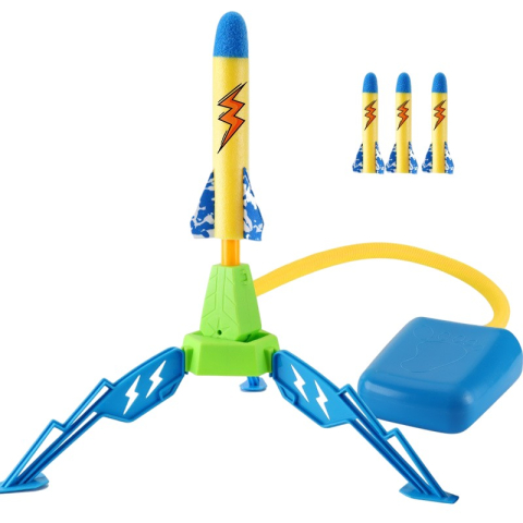 Lansatoare si Pistoale de Jucarie (Spuma / Gel) - Lansator de rachete cu piciorul, un singur lansator, 3 rachete cu lumini, 40.5 cm inaltime, multicolor