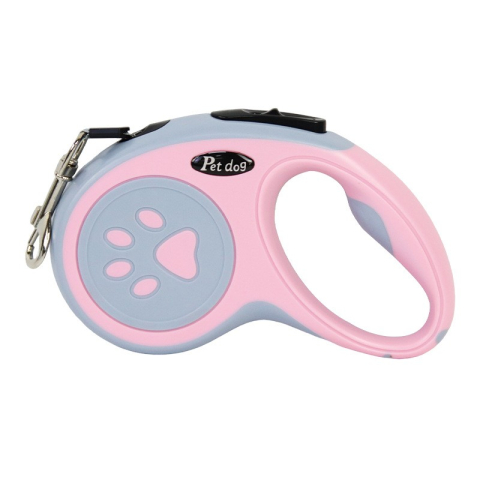 Animale de companie - Lesa retractabila pentru caini, model retractabil, sistem blocare reglabil, plastic roz/gri