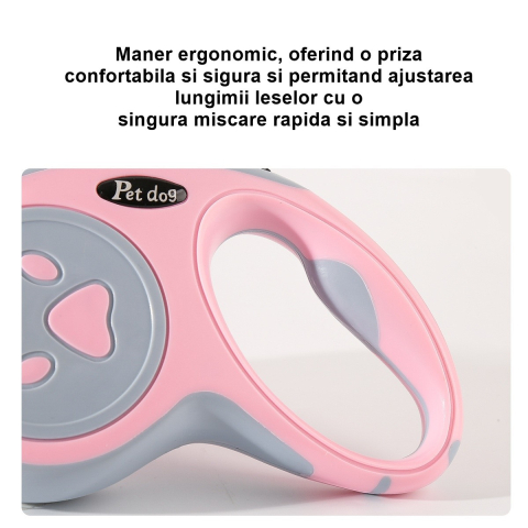 Lesa retractabila pentru caini, model retractabil, sistem blocare reglabil, plastic roz/gri [3]