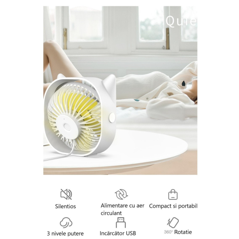 Mini ventilator de birou, rotire 360 grade, 3 viteze, alb, USB [2]