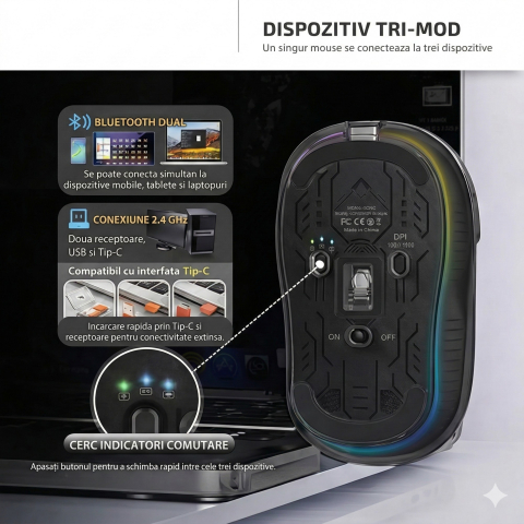 Mouse wireless, dual Bluetooth si 2.4 GHz, reincarcabil, negru [4]