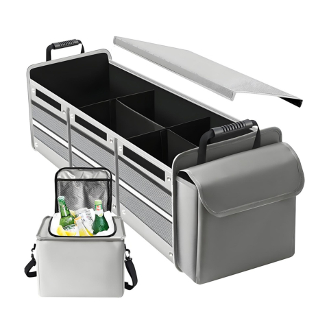 Accesorii Auto - Organizator auto pliabil, cu geanta termoizolanta detasabila, 3 compartimente, panza gri