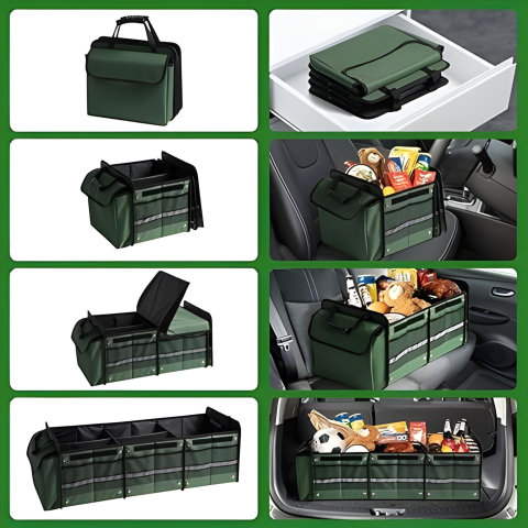 Organizator auto pliabil, model cu geanta termoizolanta detasabila, 3 compartimente, panza verde [1]