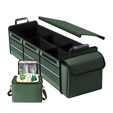 Accesorii Auto - Organizator auto pliabil, model cu geanta termoizolanta detasabila, 3 compartimente, panza verde