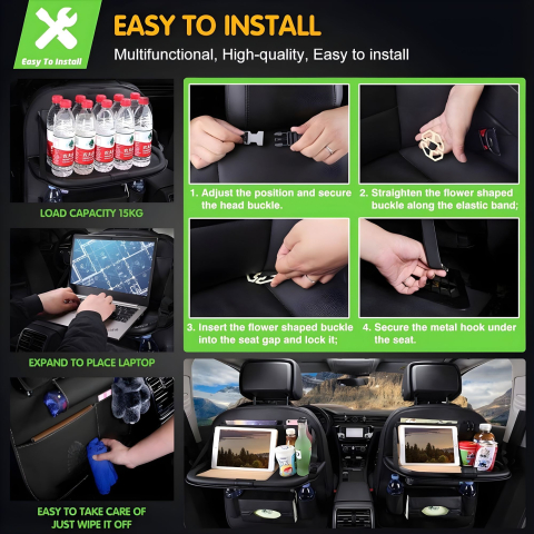 Organizator spate scaun auto, masa pliabila, piele ecologica impermeabila, suport tableta, 40x63 cm [5]