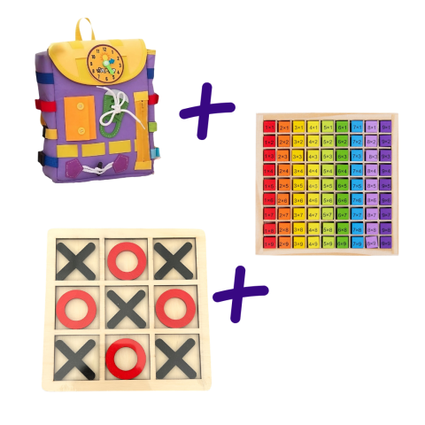 Jucarii Montessori - Pachet educativ Montessori, ghiozdan senzorial, joc X si Zero, tabla inmultirii din lemn