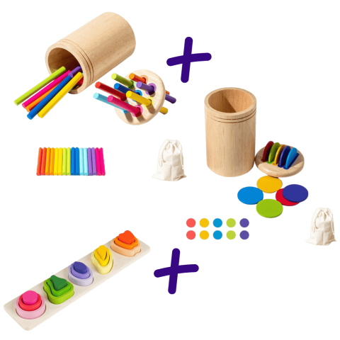 Jucarii Montessori - Pachet jucarii educative Montessori din lemn, sortatoare si puzzle, 47 piese, multicolor