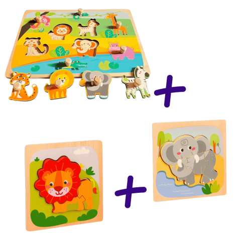 Jucarii Montessori - Pachet puzzle Montessori din lemn pentru copii, modele 3D si clasice, multicolor