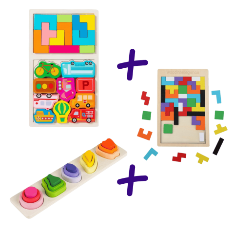 Jucarii Montessori - Pachet puzzle Montessori din lemn, tip Tetris si puzzle cu forme asimetrice, educativ, multicolor