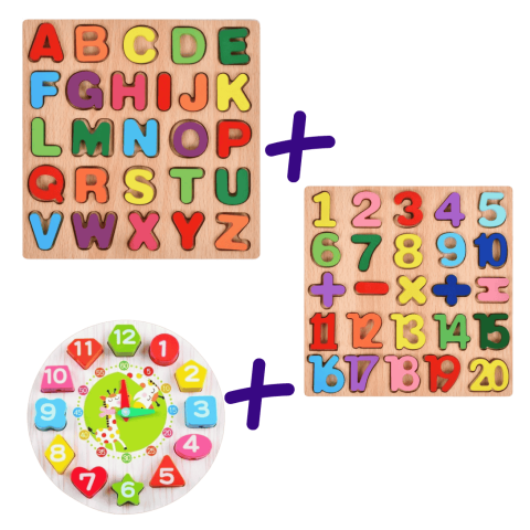 Jucarii Montessori - Pachet Montessori Alfabet + Cifre + Ceas girafa, lemn multicolor