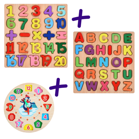 Jucarii Montessori - Pachet tabla Montessori cifre si alfabet, jucarie educativa ceas, lemn multicolor