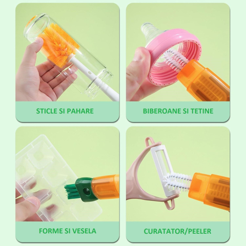 Perie multifunctionala 5 in 1 pentru curatat pahare, cani si sticle, cu maner lung, portocaliu-alb [1]